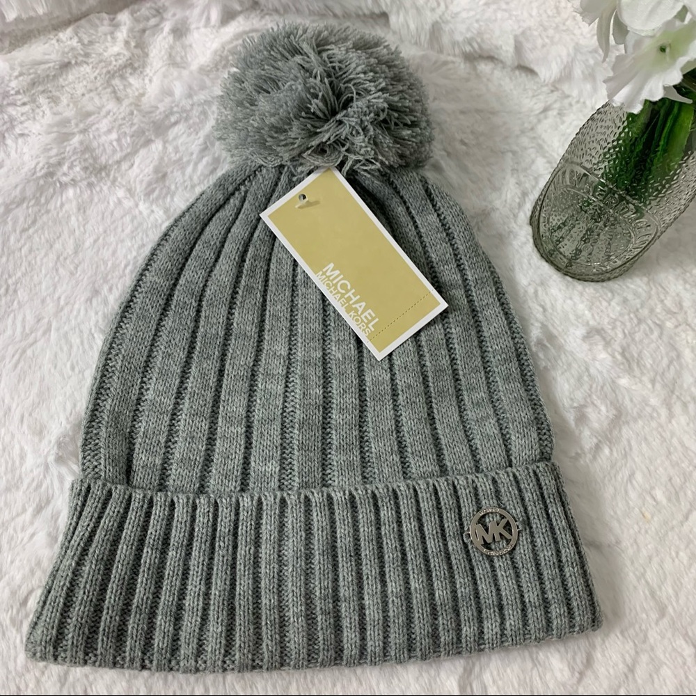 Michael Kors Beanie with Pom Gray with Metal Logo One Size NEW